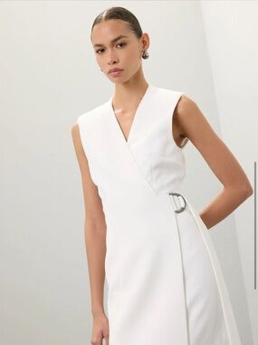 TED BAKER Sleeveless White Wrap Midi Dress with Belt | Size USA 10 UK 4
